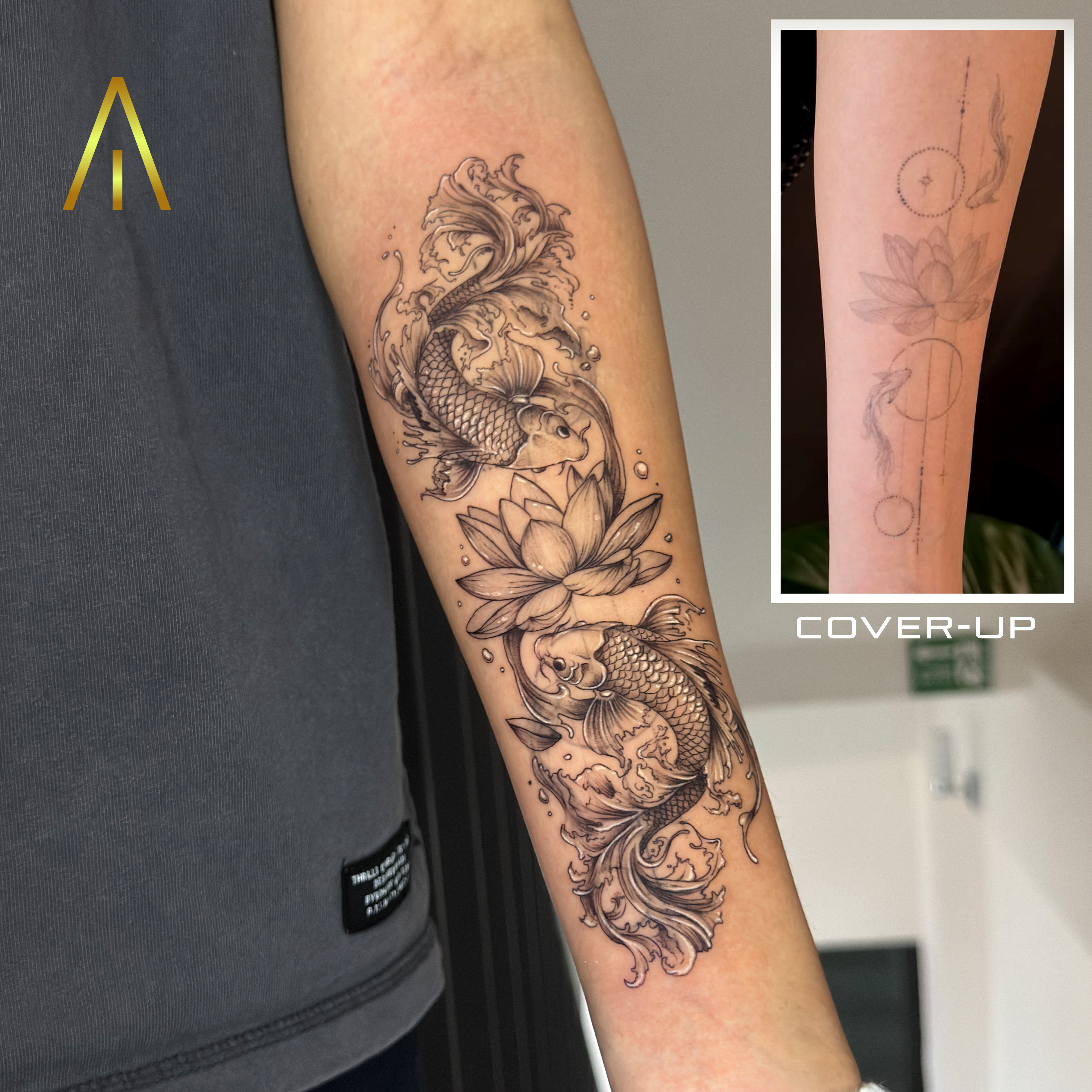 Koi fish lotus cover-up tattoo by Miaa Chiang Mai