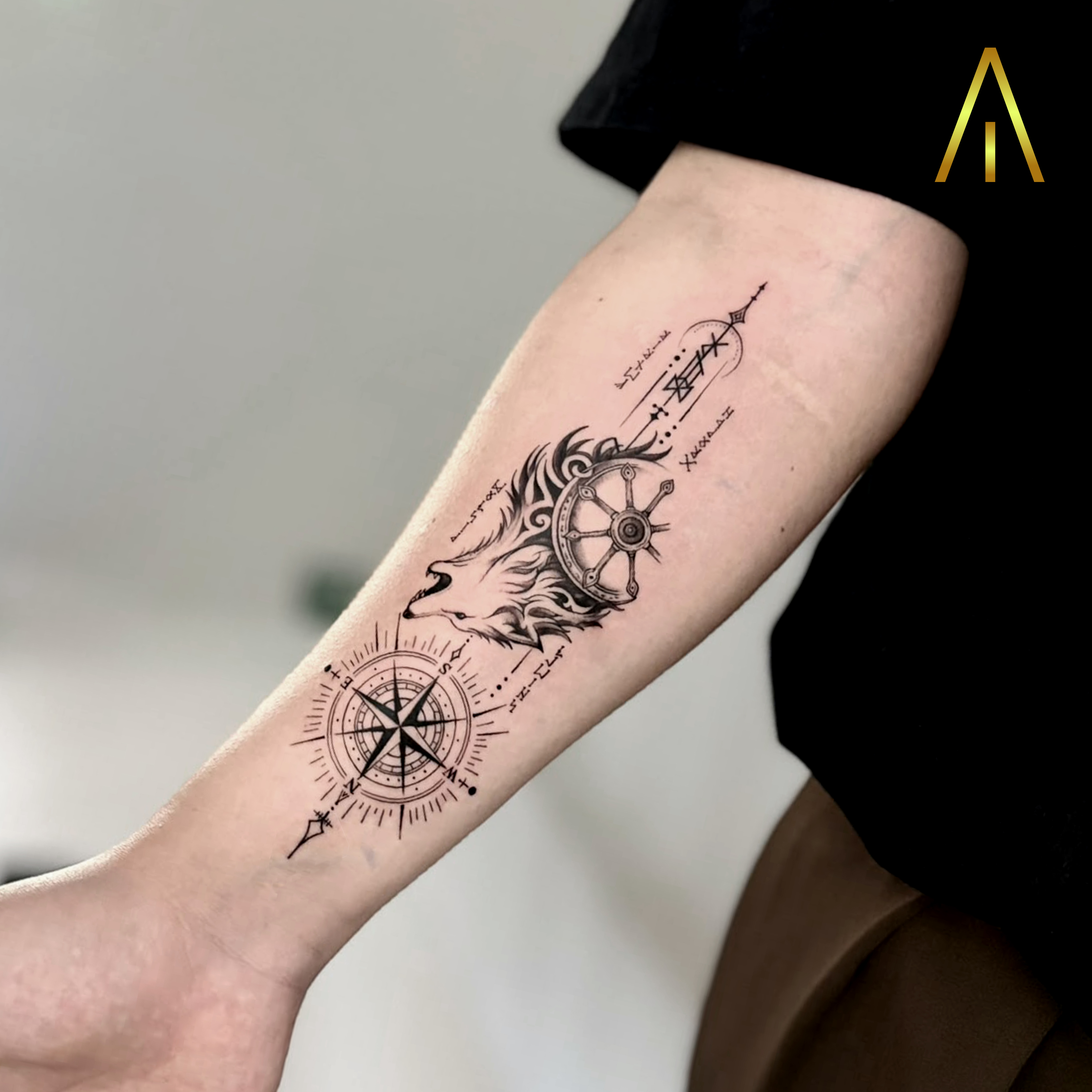 Katie fine line wolf and compass forearm tattoo Chiang Mai