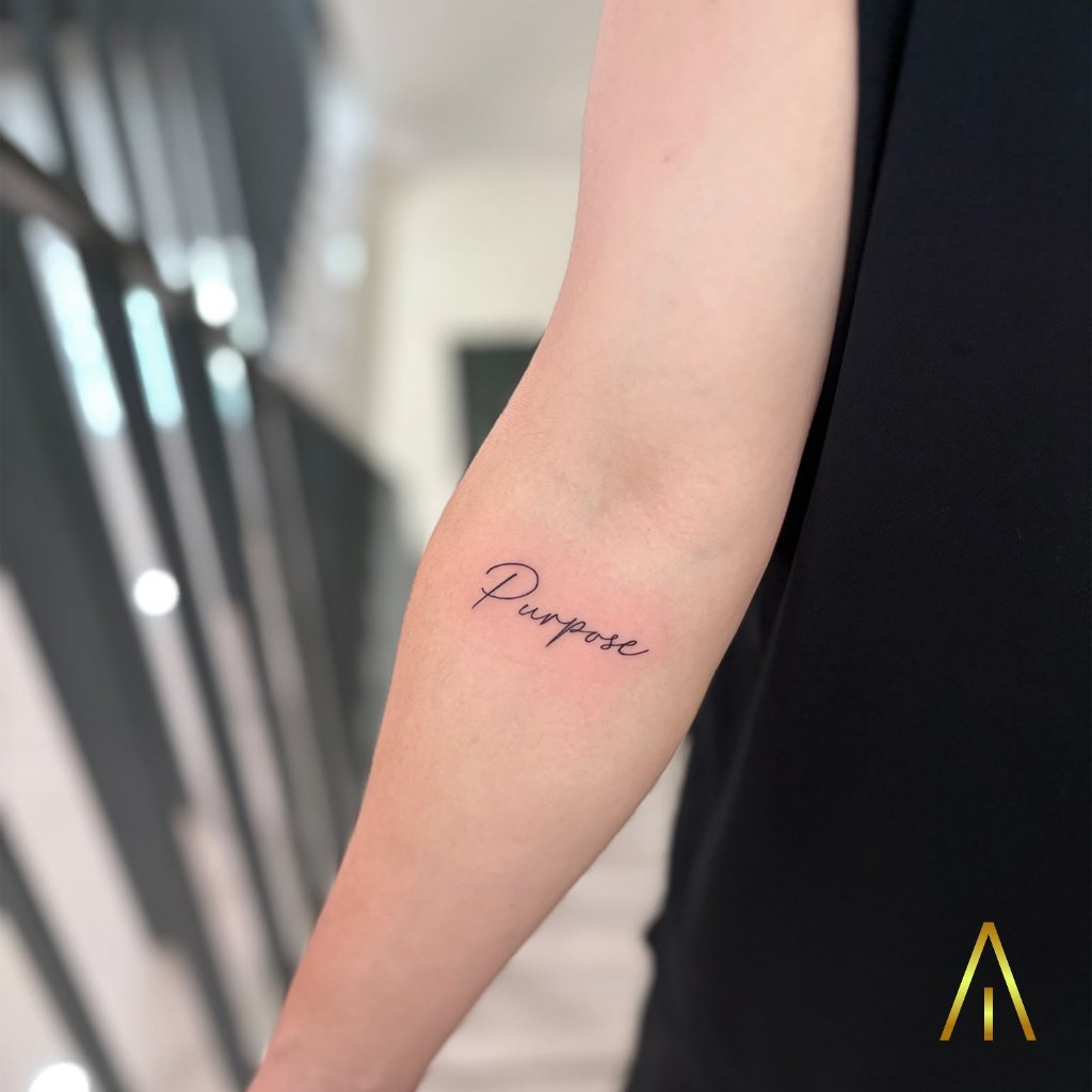 Fine line script tattoo reading Purpose on the inner forearm, Artisan Ink Chiang Mai
