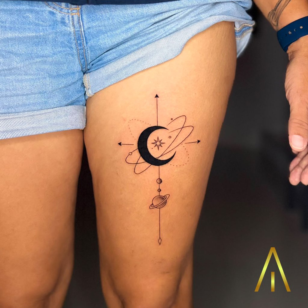 Fine line moon and star cosmic tattoo on thigh Chiang Mai