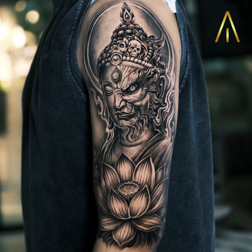 Black and grey deity and lotus tattoo on the upper arm, Artisan Ink Chiang Mai