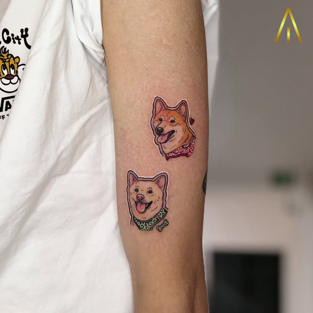 Colour dog portrait tattoo on the inner forearm by Katie, Artisan Ink Chiang Mai