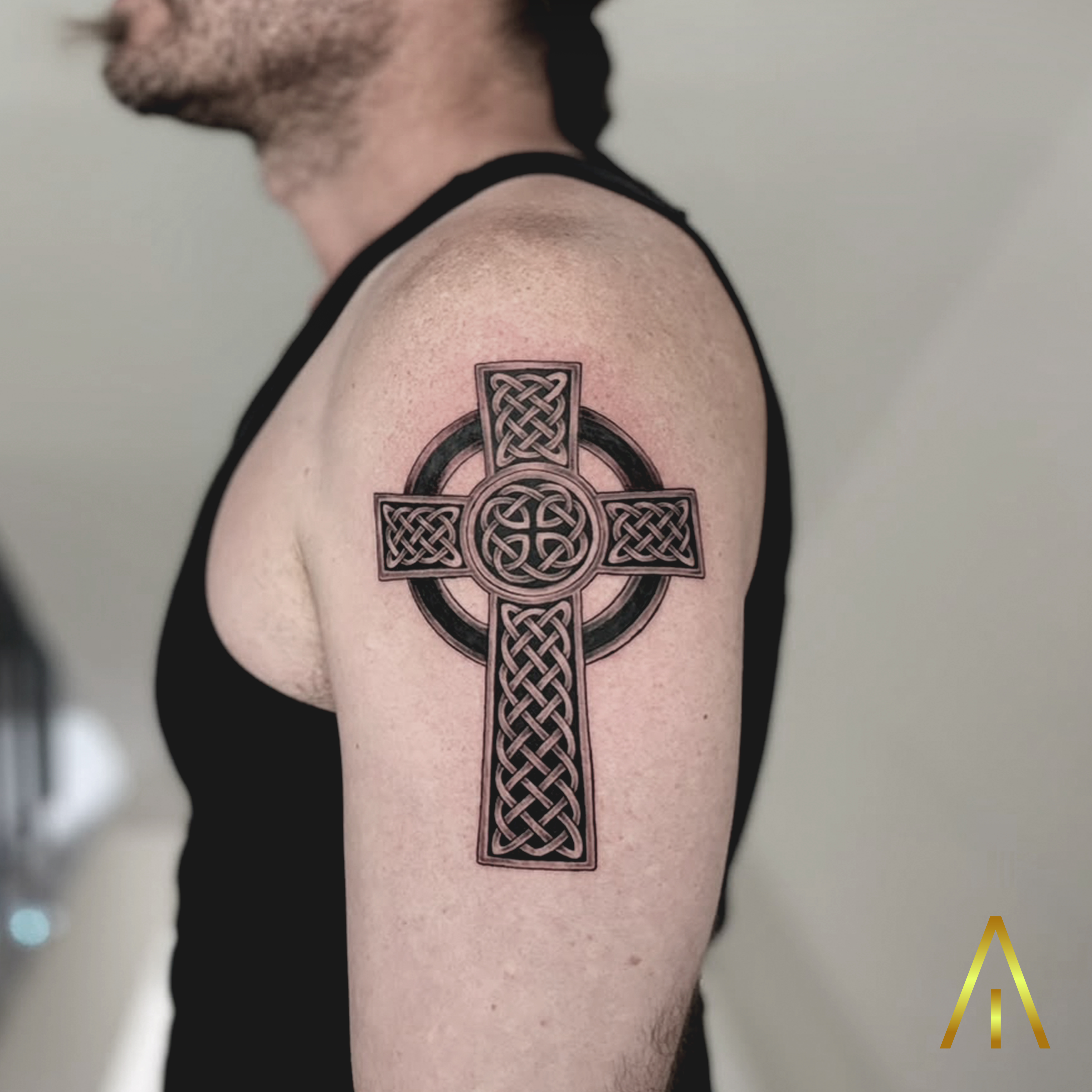 Celtic cross black and grey tattoo by Taely Chiang Mai