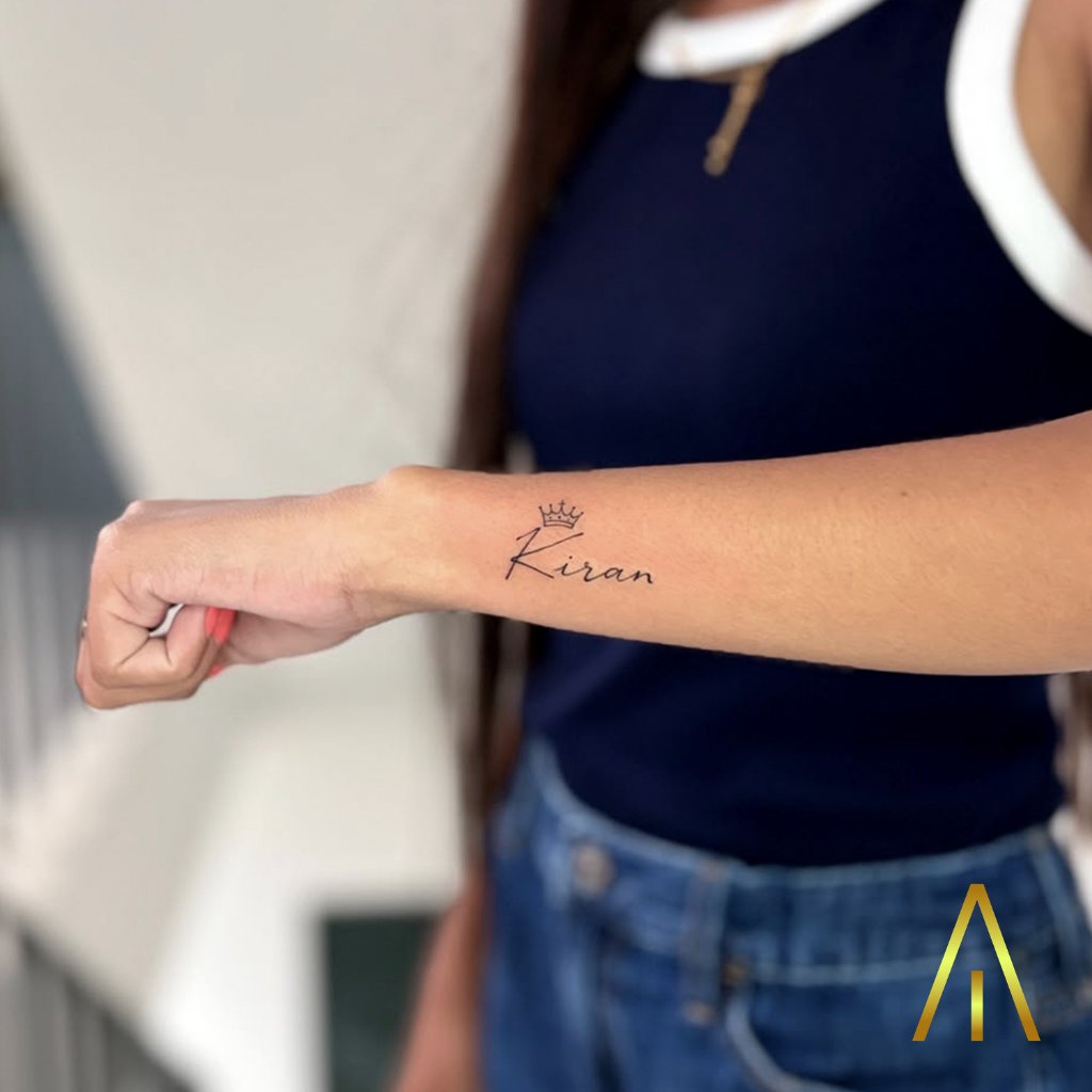 Fine line Kiran name with crown tattoo on forearm Chiang Mai
