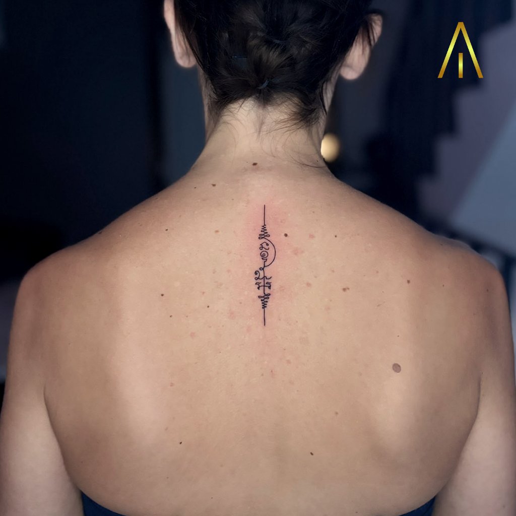 Fine line Sak Yant Unalome tattoo on the upper back, Artisan Ink Chiang Mai