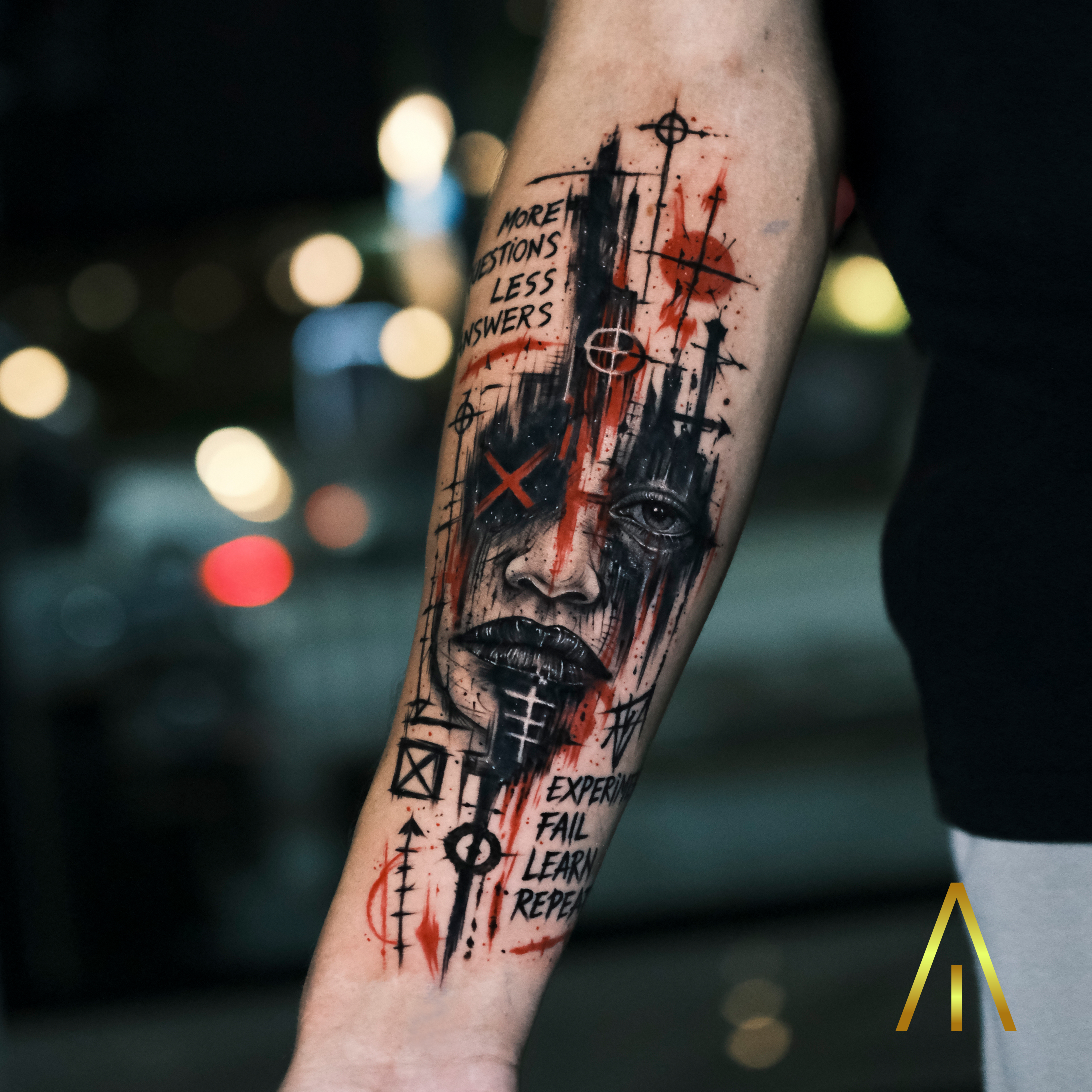 Jean trash polka realistic face with red X and geometric elements blackwork forearm tattoo Chiang Mai