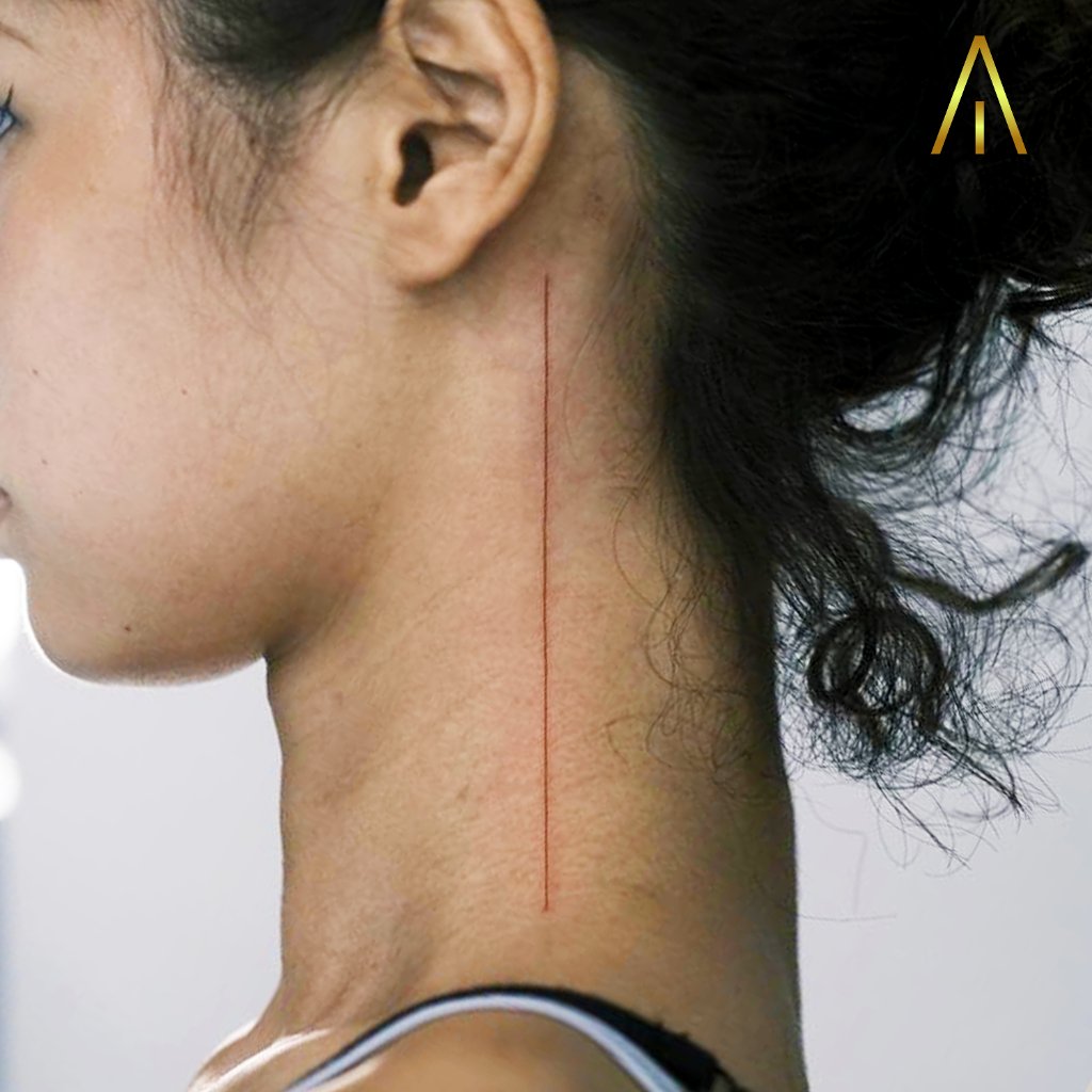 Single needle fine line red line neck tattoo Chiang Mai