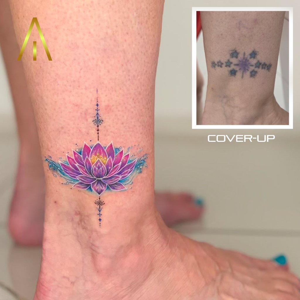 Coverup lotus flower tattoo over star on ankle Chiang Mai