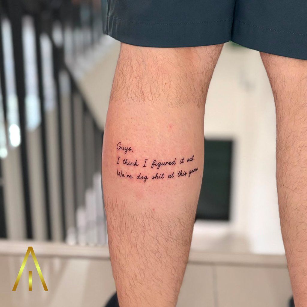 Fine line text tattoo on the back of the calf by Miaa, Artisan Ink Chiang Mai