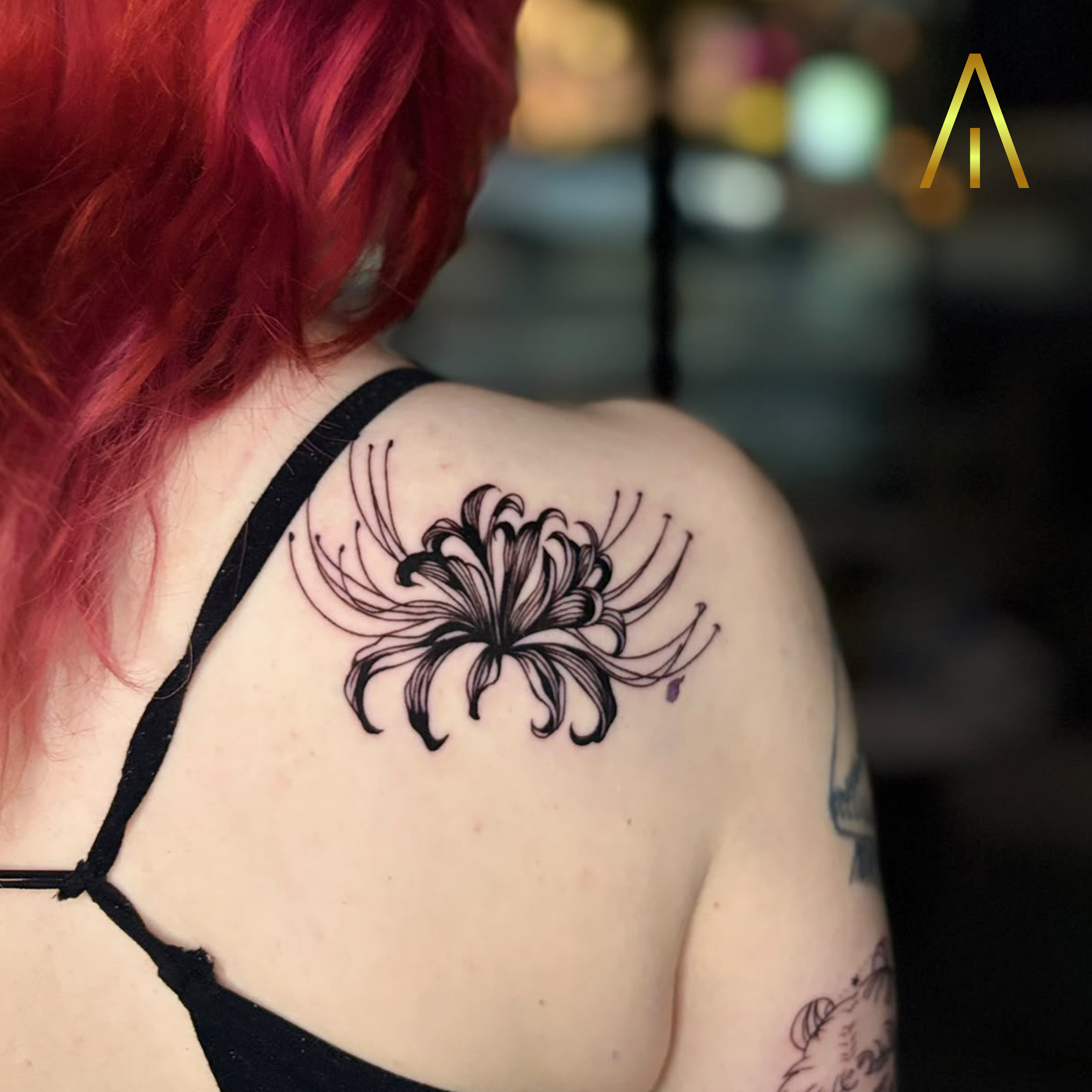 Miaa blackwork spider lily shoulder blade tattoo Chiang Mai