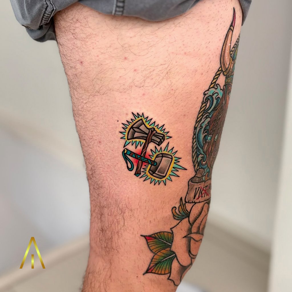 Thor's hammer Mjolnir colour thigh tattoo Chiang Mai