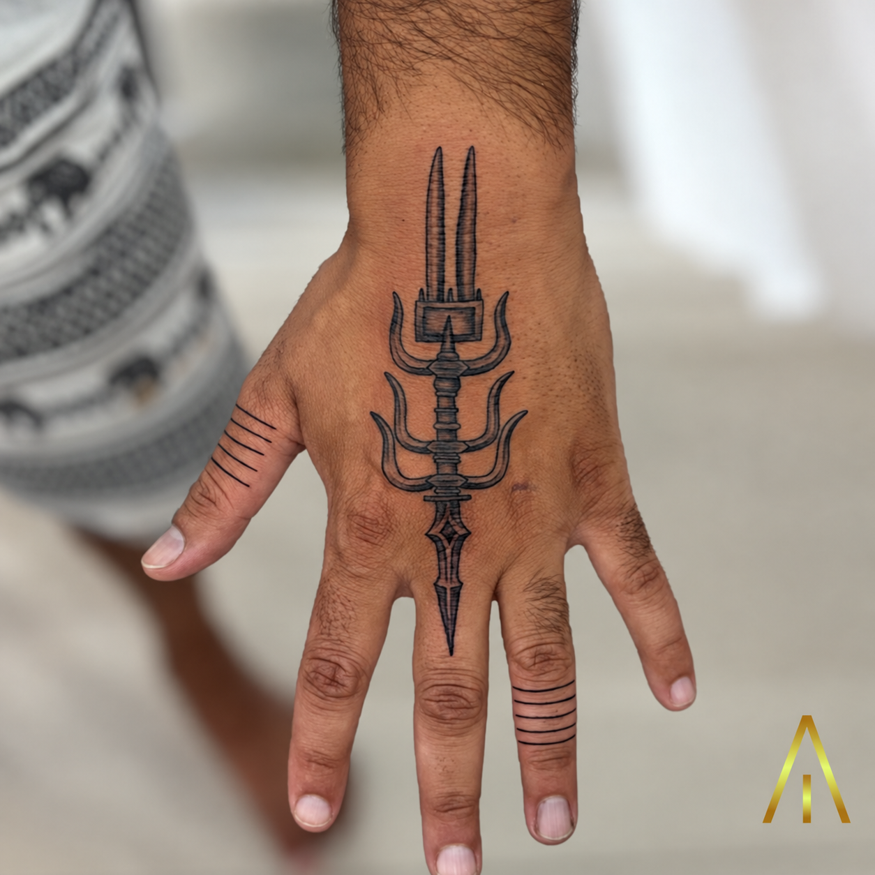 Katie black and grey trident hand tattoo Chiang Mai