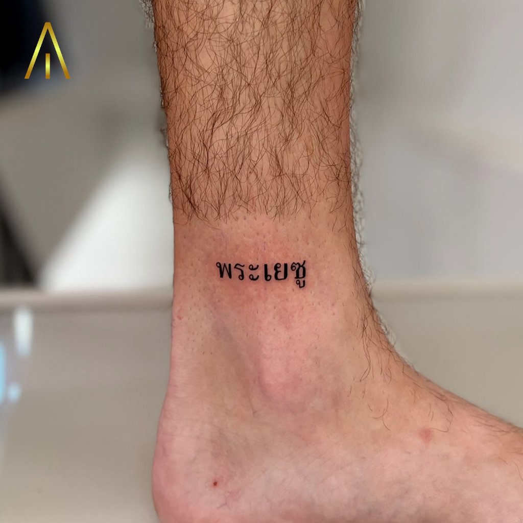 Fine line Thai script tattoo on the lower leg by Katie, Artisan Ink Chiang Mai