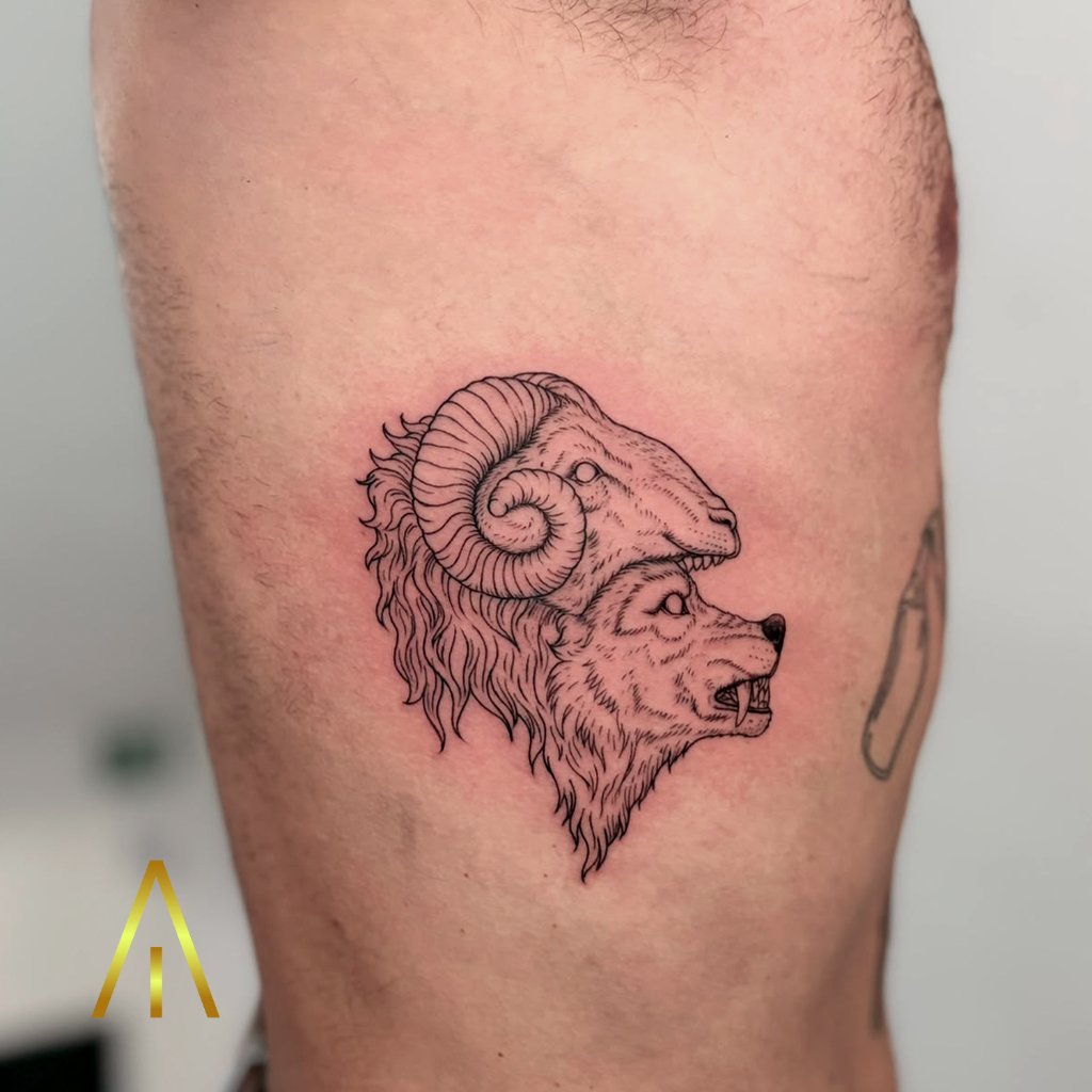 Fine line ram and wolf heads tattoo on upper arm Chiang Mai