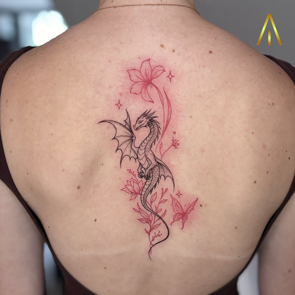 Fine line dragon with red flowers tattoo on upper back Chiang Mai