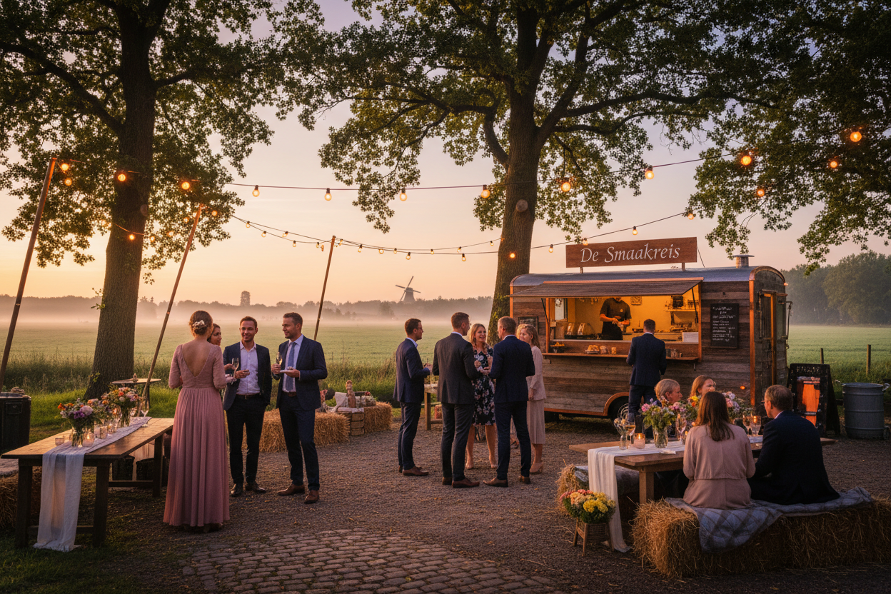 Foodtruck catering tijdens bruiloft met sfeerverlichting