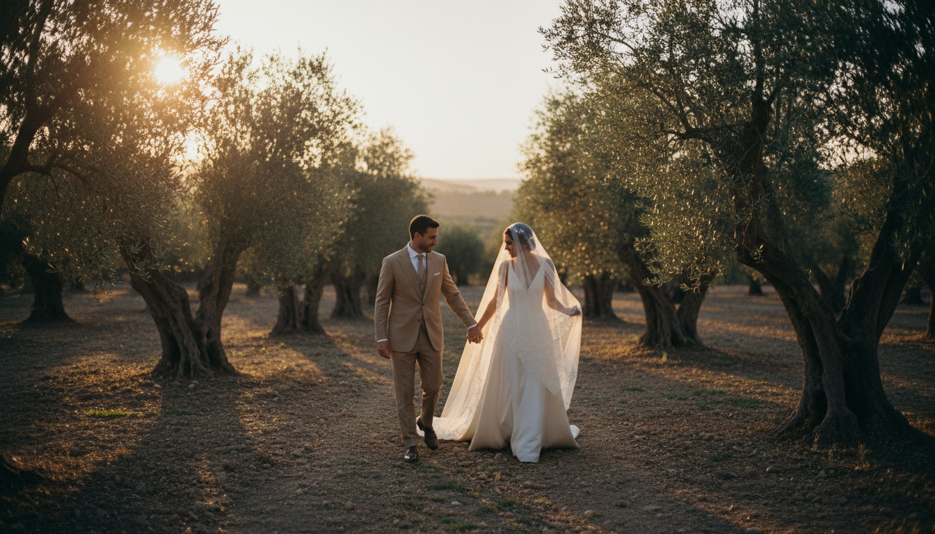 Pareja en un olivar andaluz al atardecer