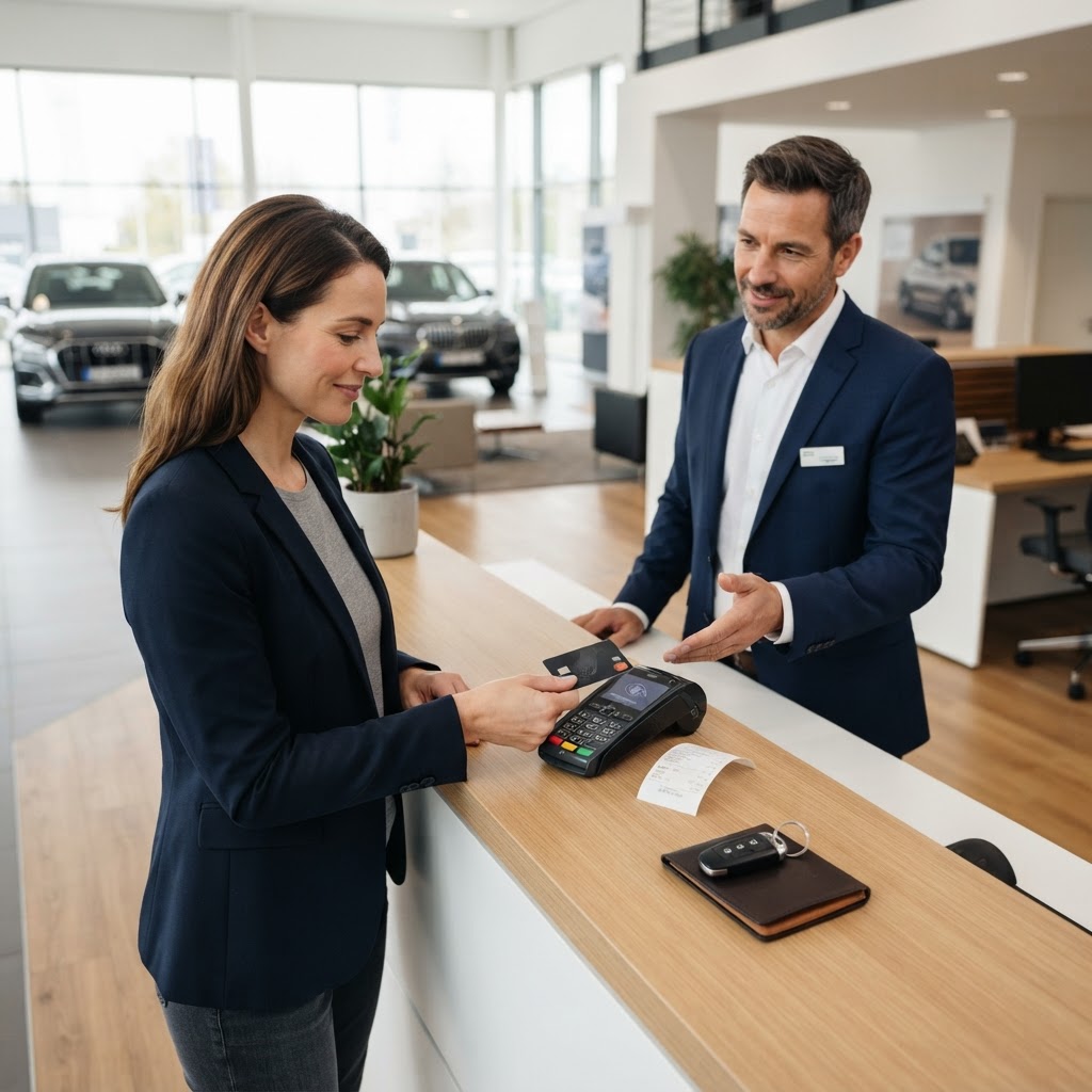 A customer making a card payment at a dealership counter