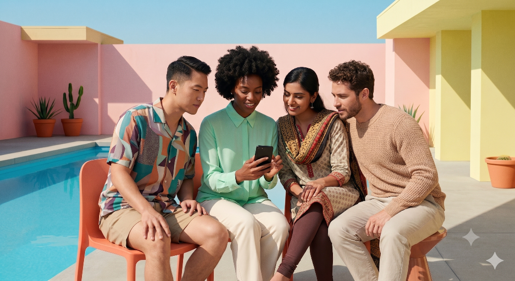 A group of friends looking at a phone together