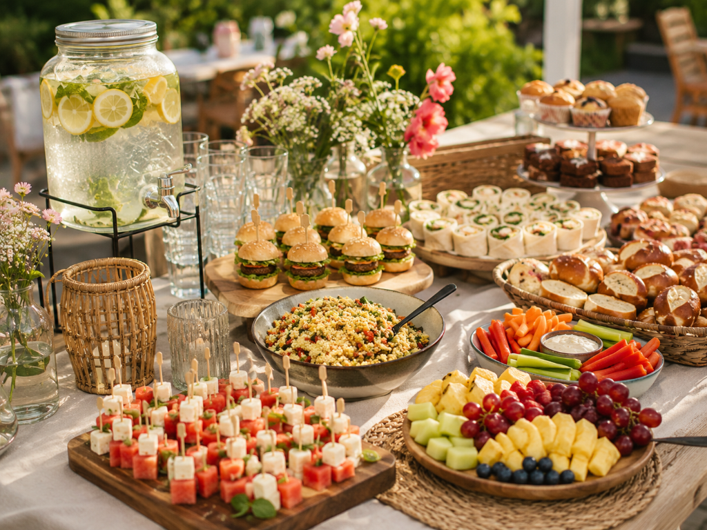 Buntes sommerliches Buffet mit Salaten, Obst, Fingerfood und kühlen Getränken