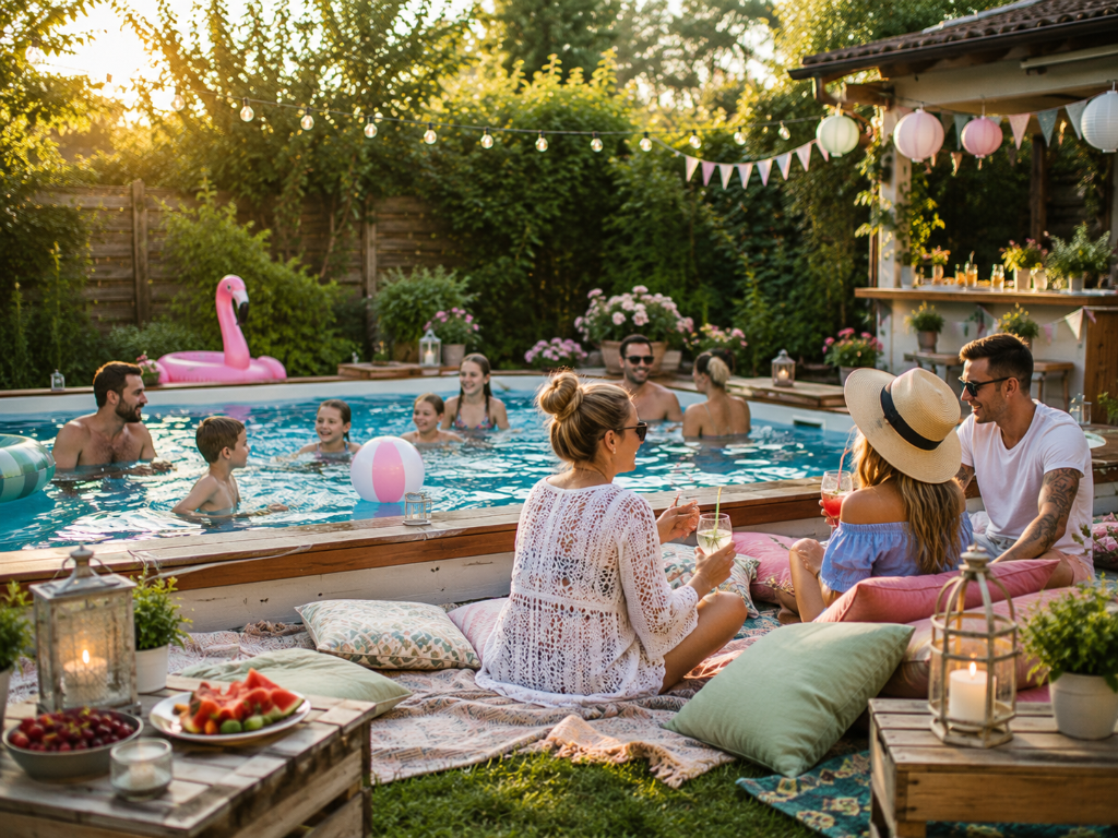 Poolparty im Garten zur goldenen Stunde mit Aufstellpool, Sitzsäcken, Lichterketten und Snacktisch