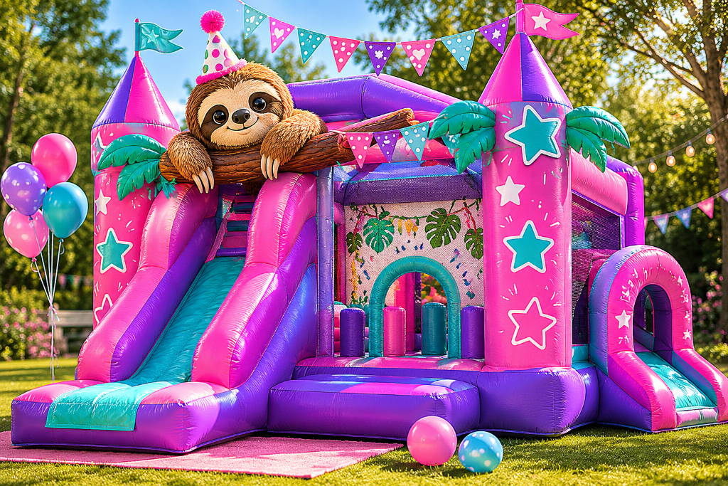 Bunte Hüpfburg mit Rutsche zur Kinderparty