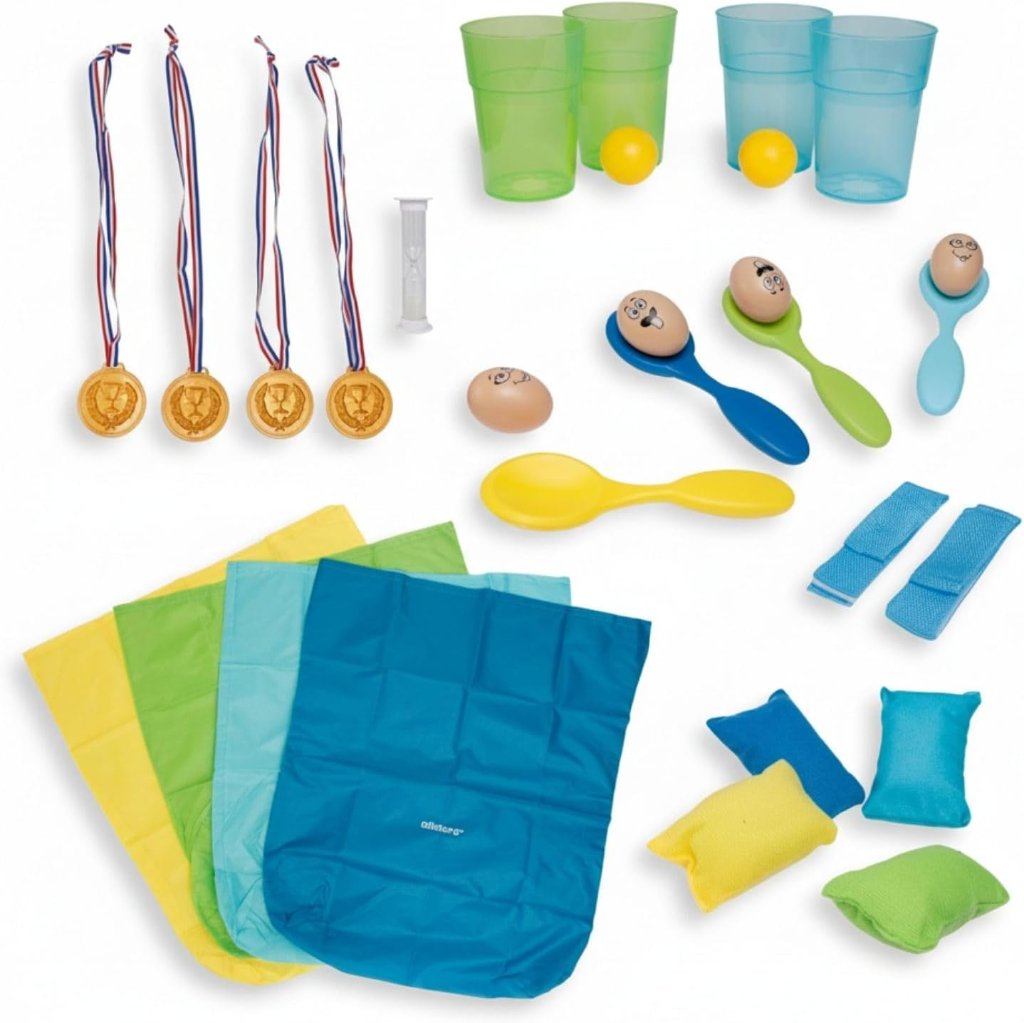 Partyspiele-Set mit Sackhüpfen, Eierlauf und Medaillen für Kinder