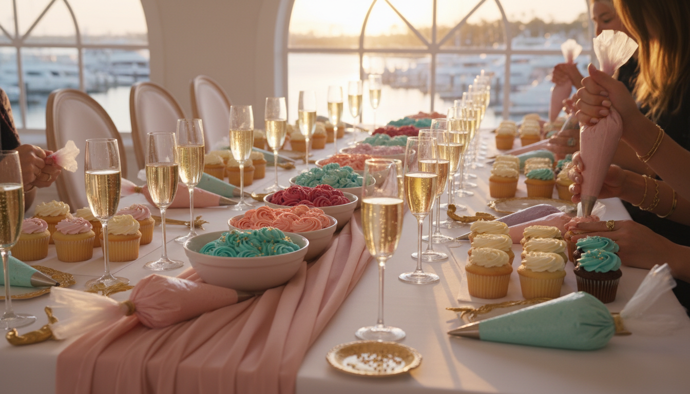 Cake decorating event with prosecco and sunset light