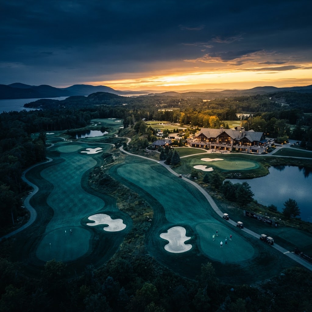 Aerial view of a pristine golf course at golden hour