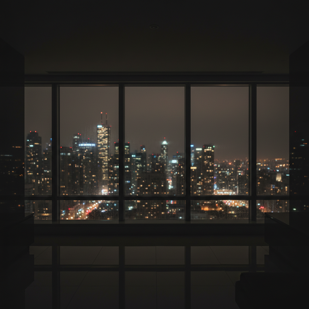 Toronto skyline at night viewed through glass
