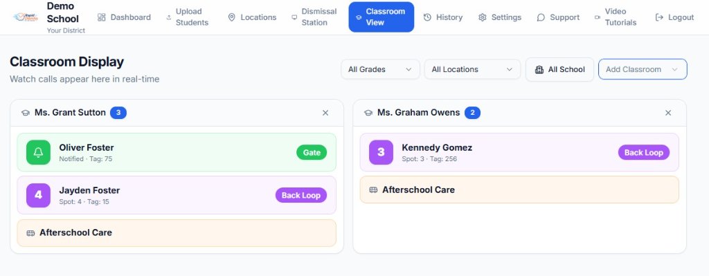 Real-time classroom dismissal display showing active student calls