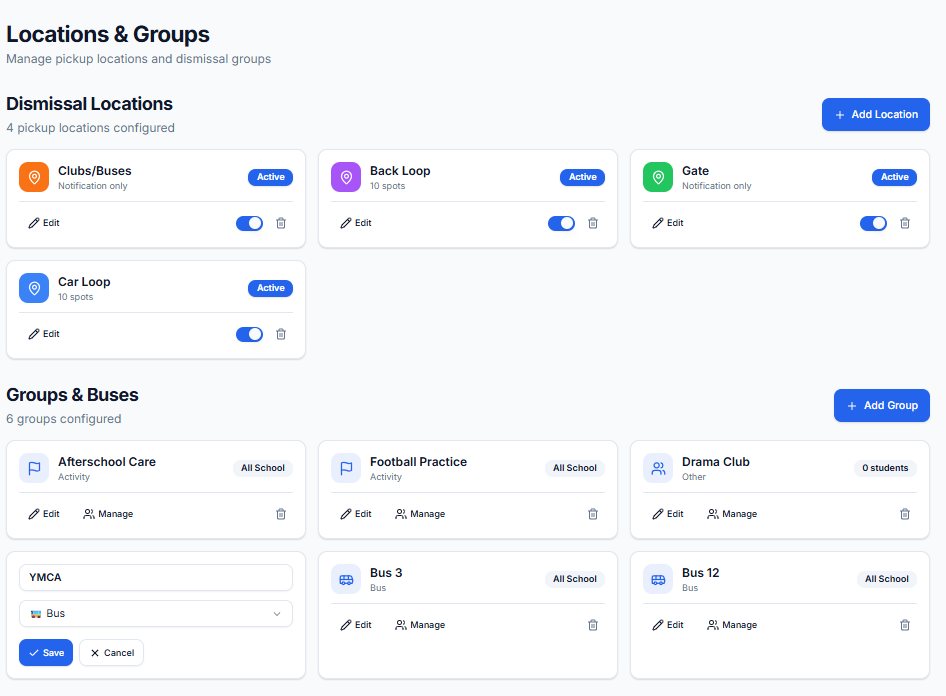 RapidDismiss Locations and Groups management screen where schools set up dismissal locations and configure bus, club, and activity group notifications