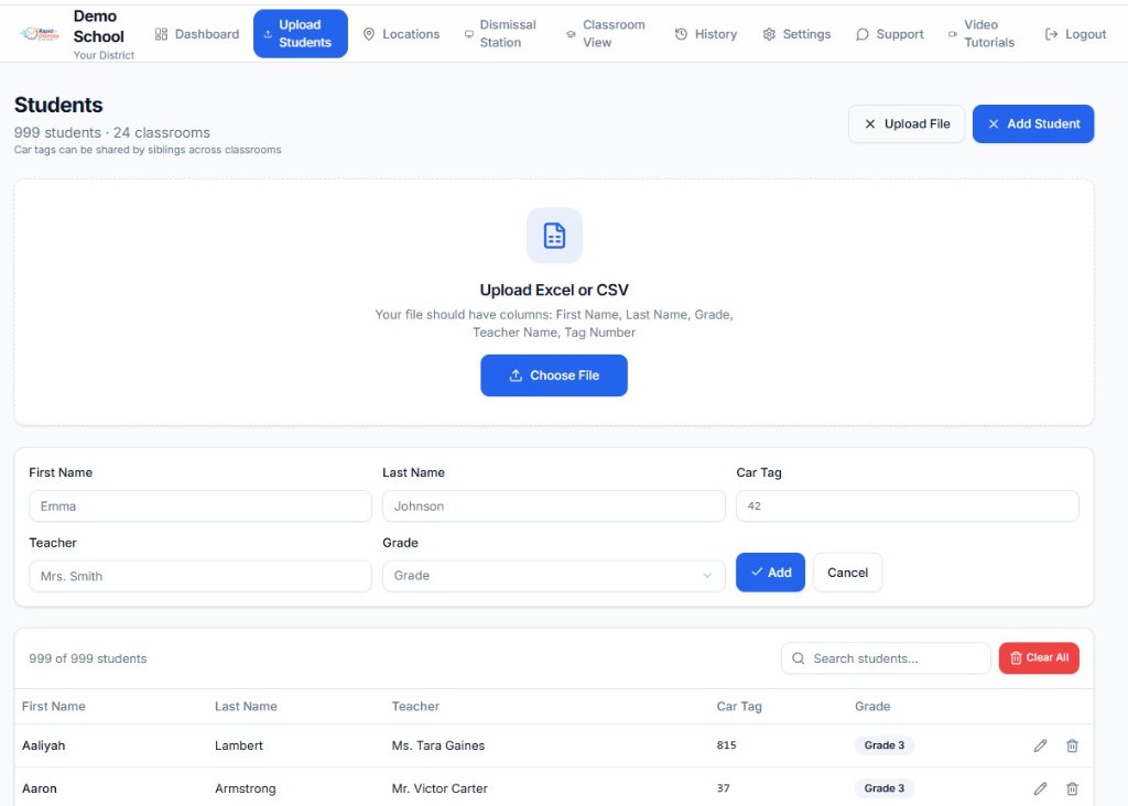 Upload Students screenshot showing bulk import interface