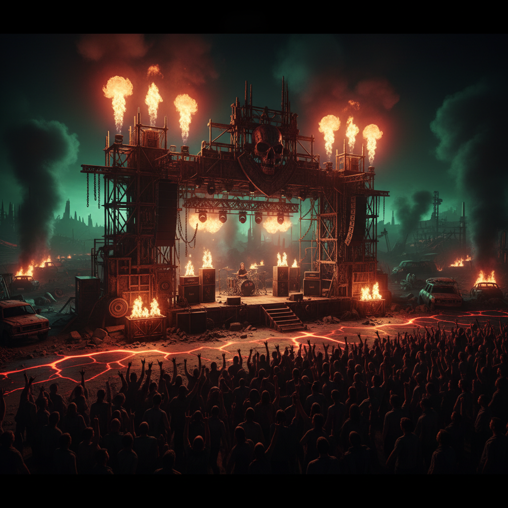 Post-apocalyptic festival stage with neon lighting