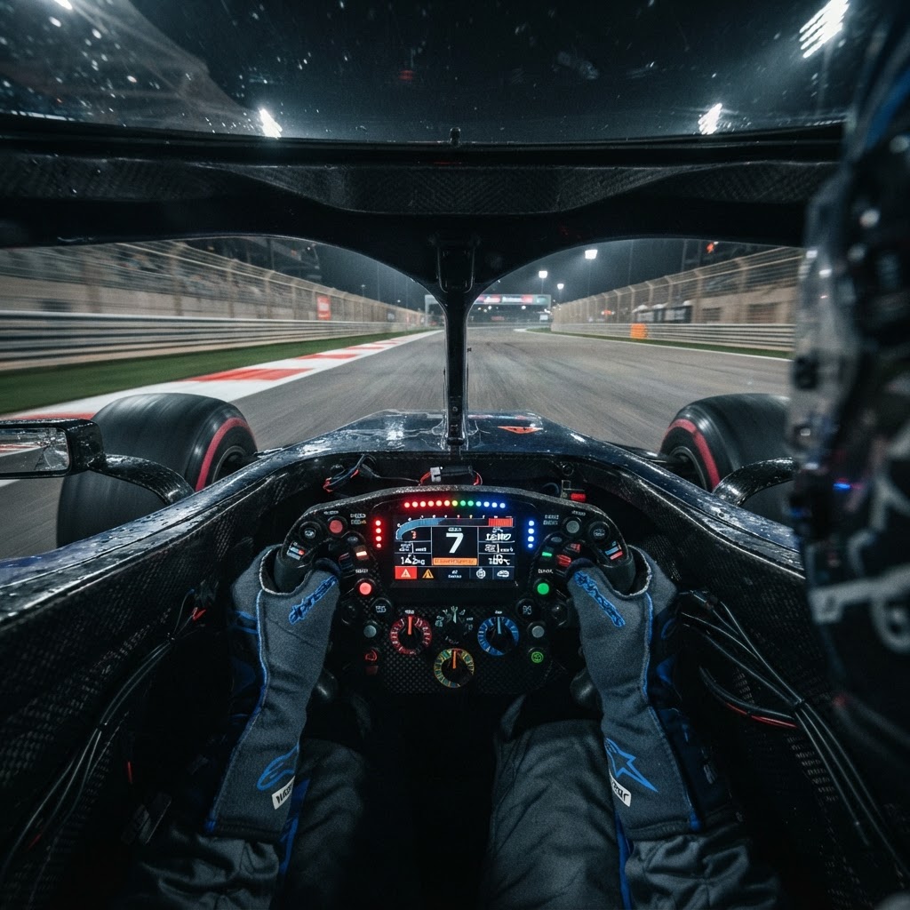 F1 cockpit view at 200 mph — driver's hands on steering wheel, blurred track