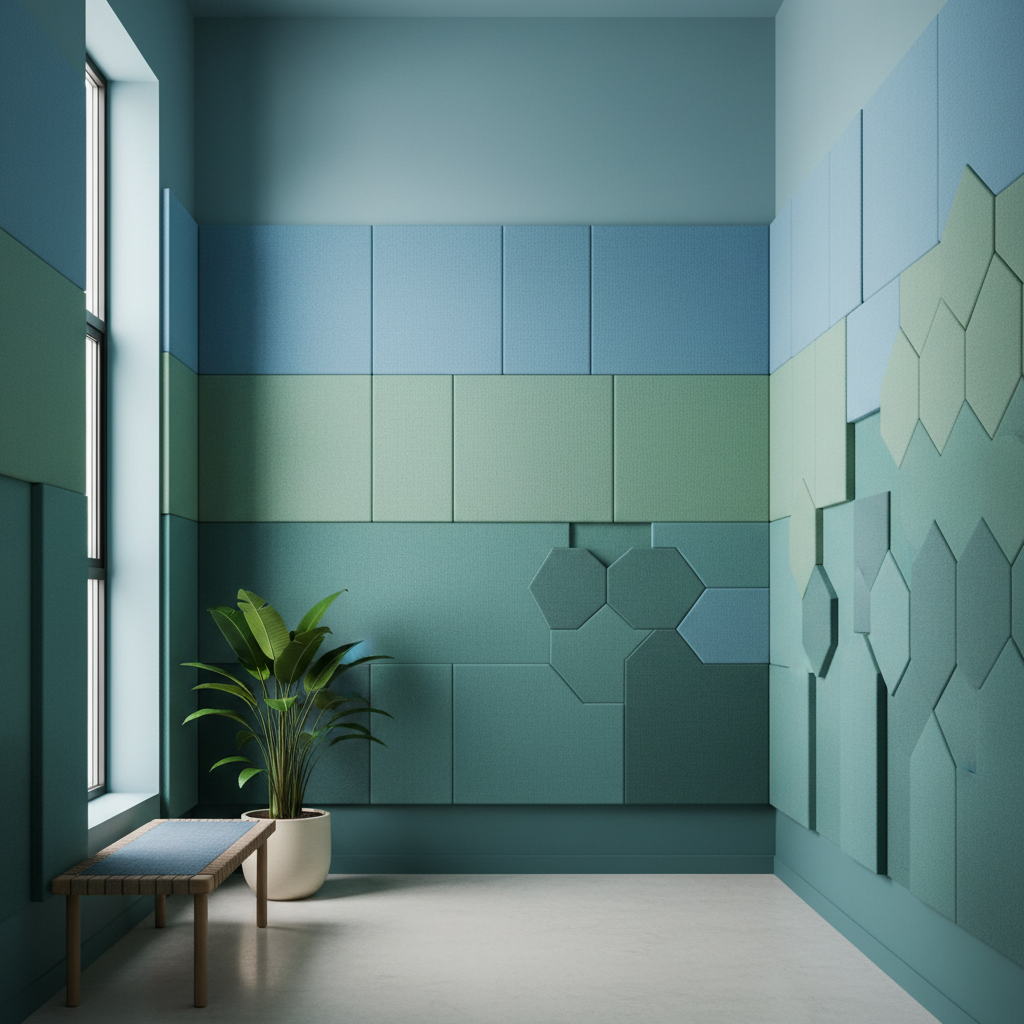 Premium acoustic wall panels in soft blue and green tones
