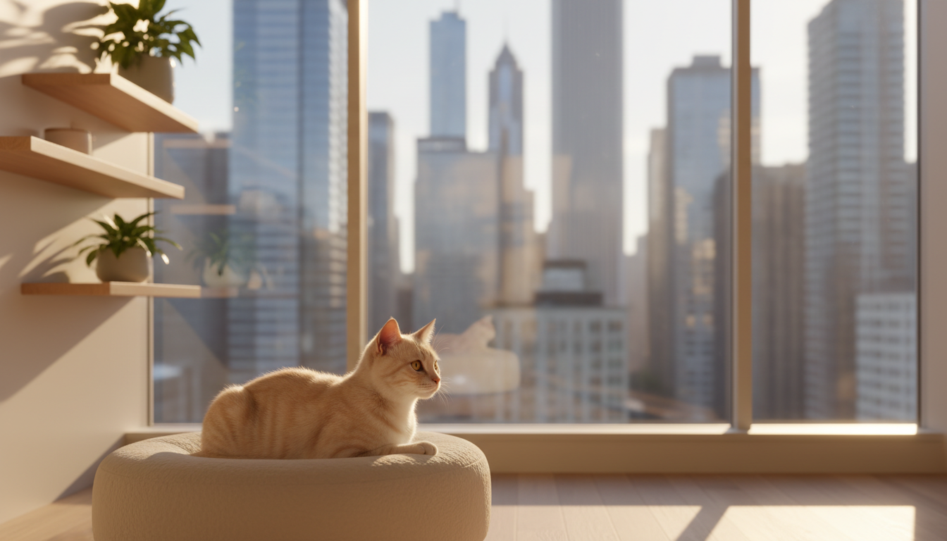 A serene cat gazing out a window in a luxury boarding suite