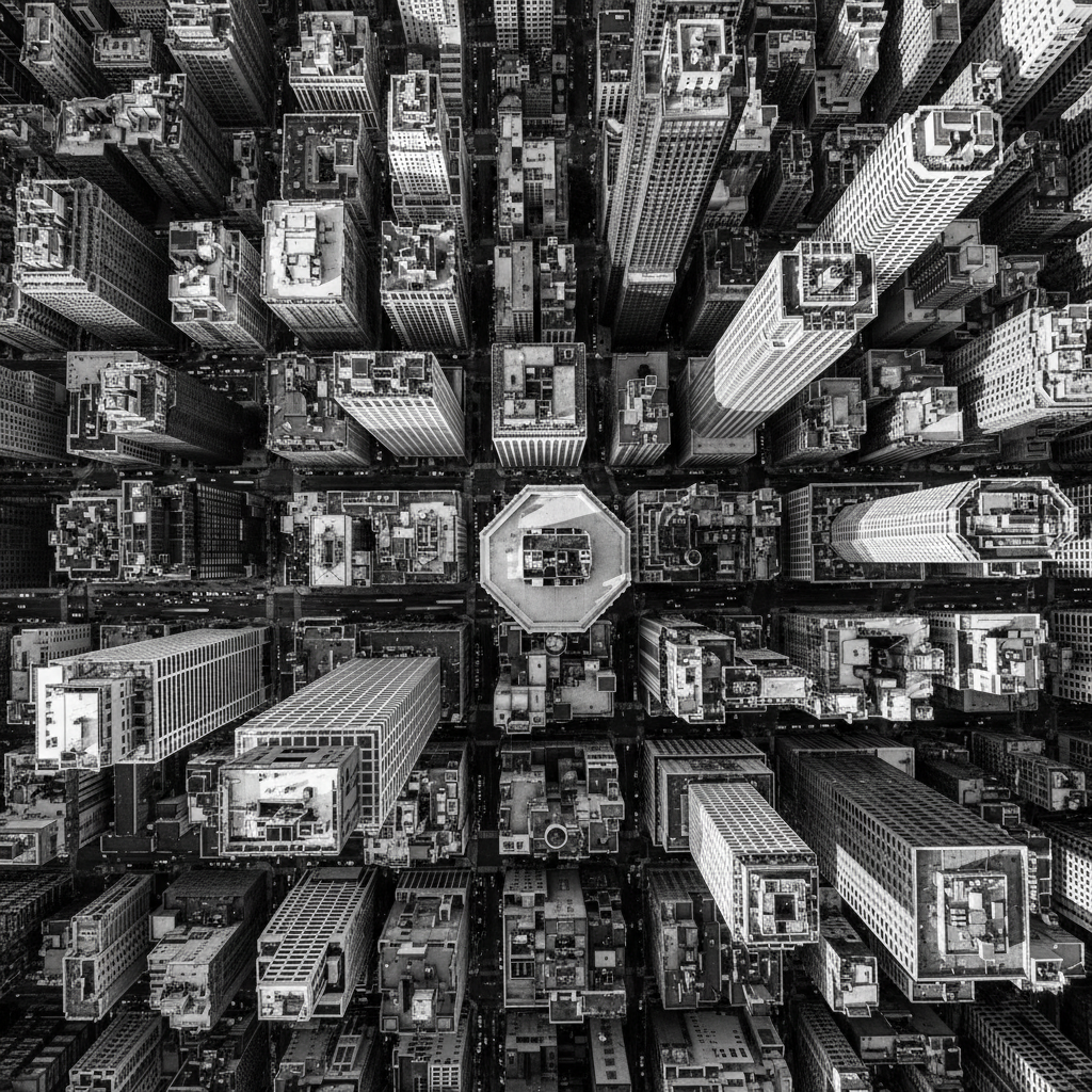 Aerial monochrome view of financial district