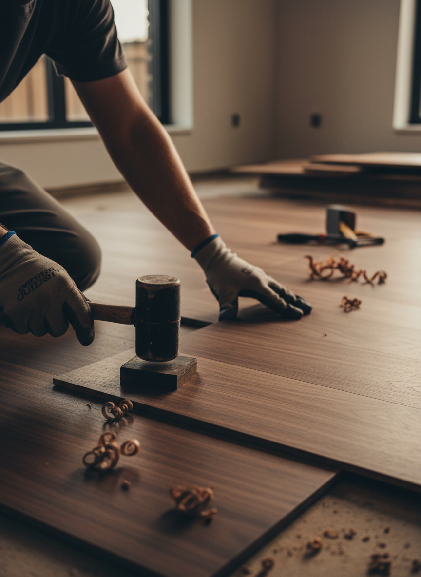 Craftsman installing hardwood flooring in a Kansas City home