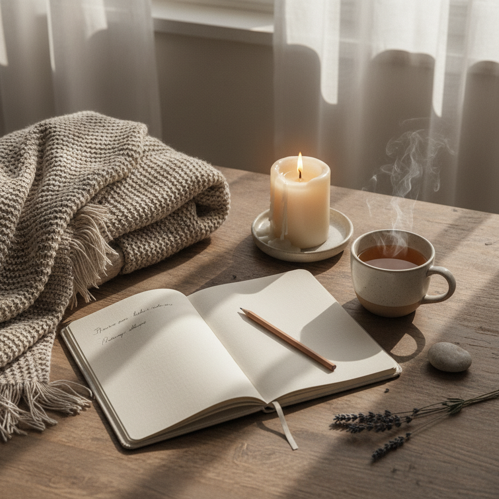 Calm still life with notebook, candle, and soft textures — warm and peaceful