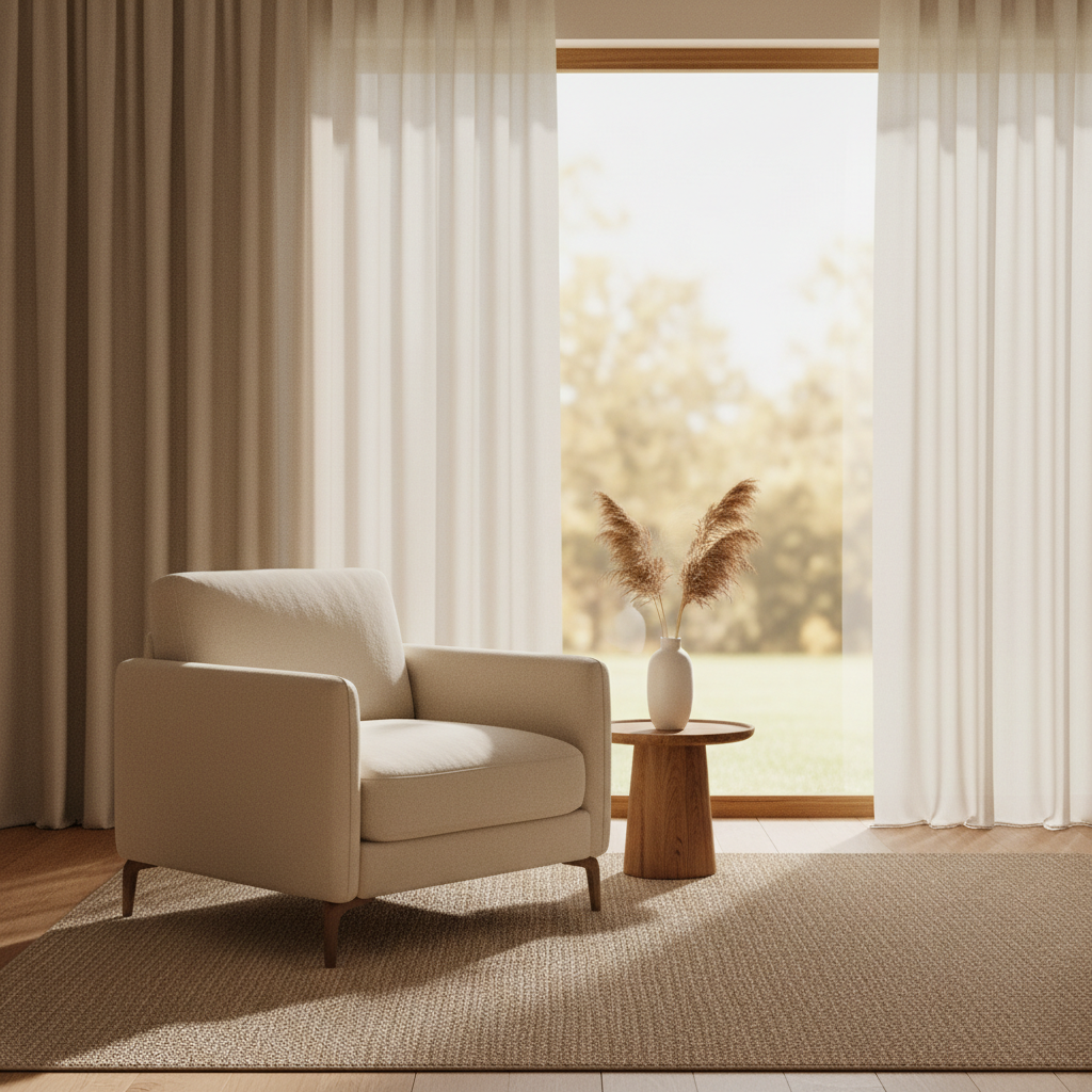 Empty armchair near a window in soft diffused light — peaceful and safe