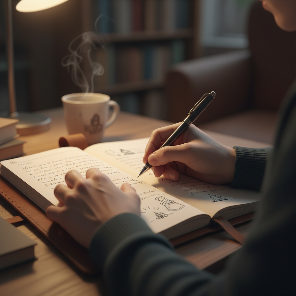 Person writing in a journal with soft warm light — calm and focused