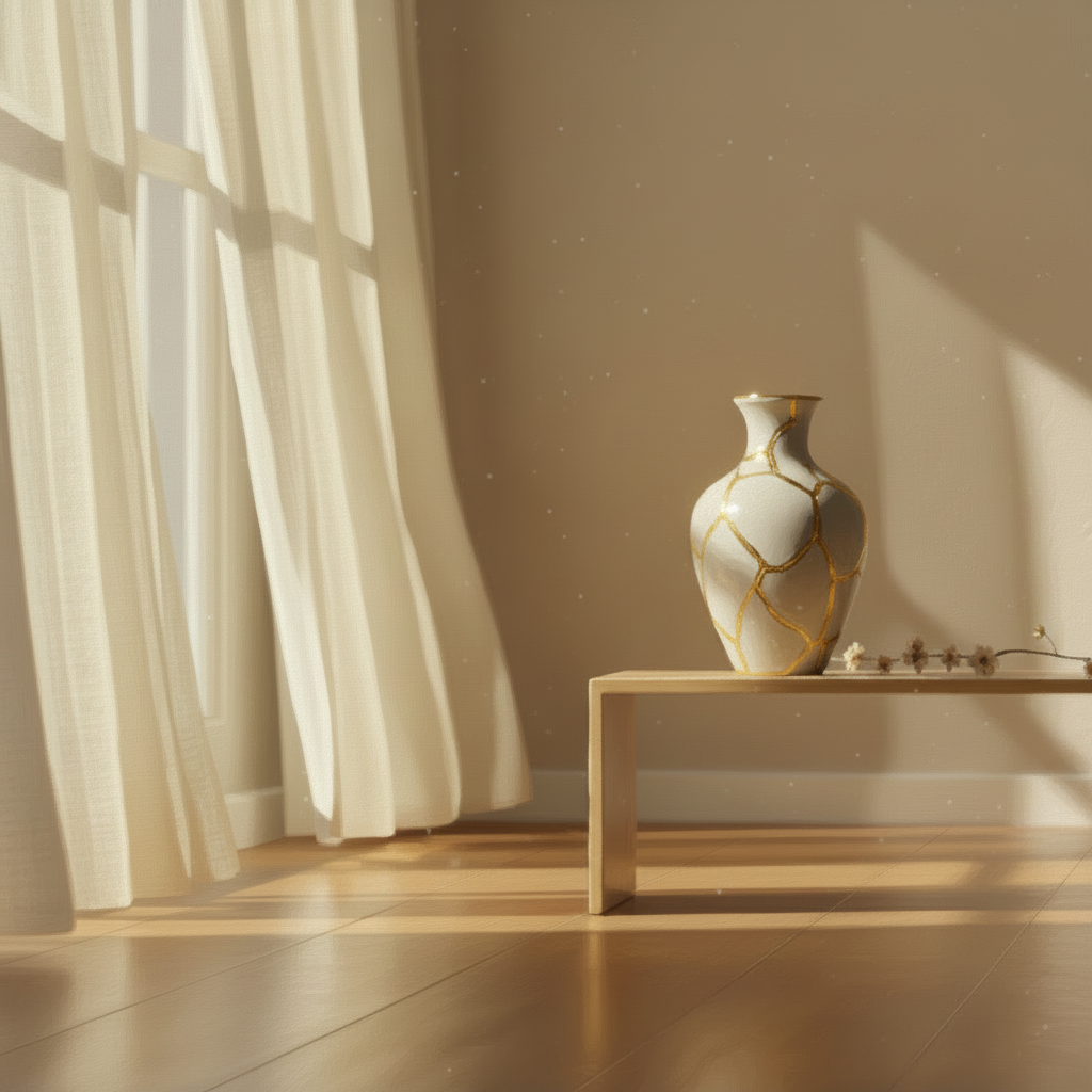 Soft morning light entering a quiet room through sheer curtains with enhanced gold Kintsugi vase details — a feeling of safety, stillness, and restoration