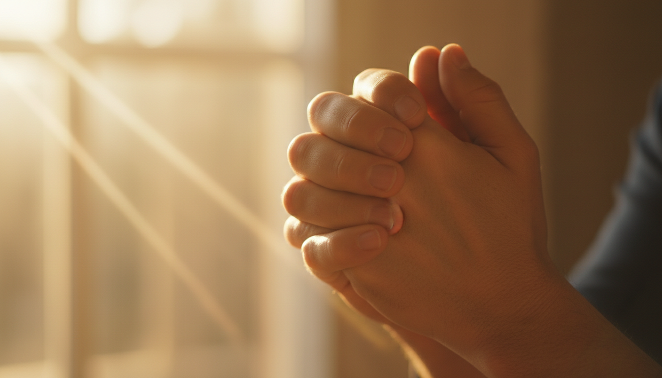 Hands clasped in prayer with soft morning light