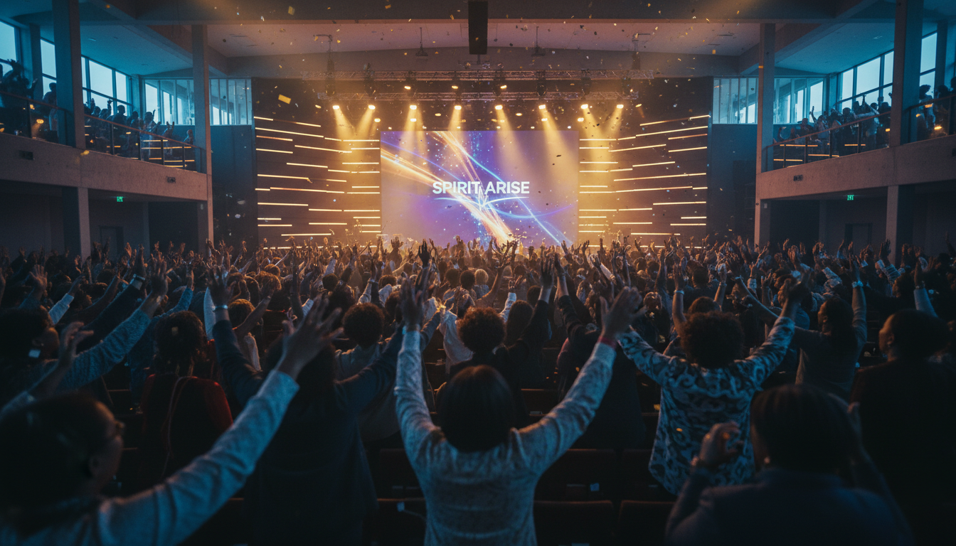 Congregation worshipping with hands raised under warm stage lighting