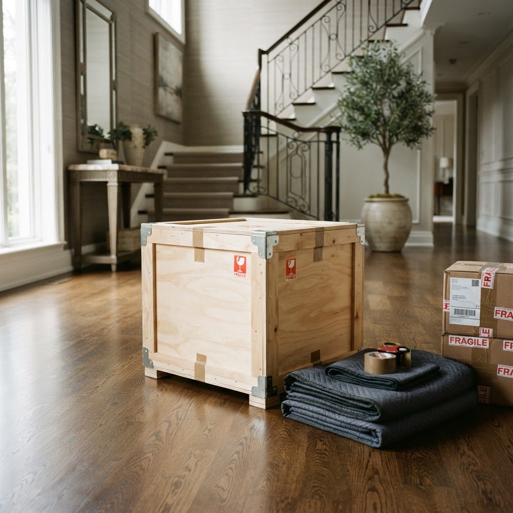 Small sealed wooden shipping crate for valuable artwork