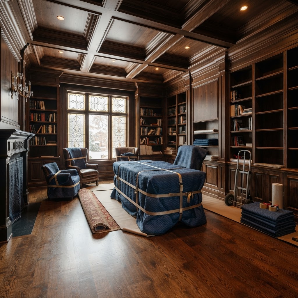 High-end home office and library with executive furniture wrapped in moving blankets
