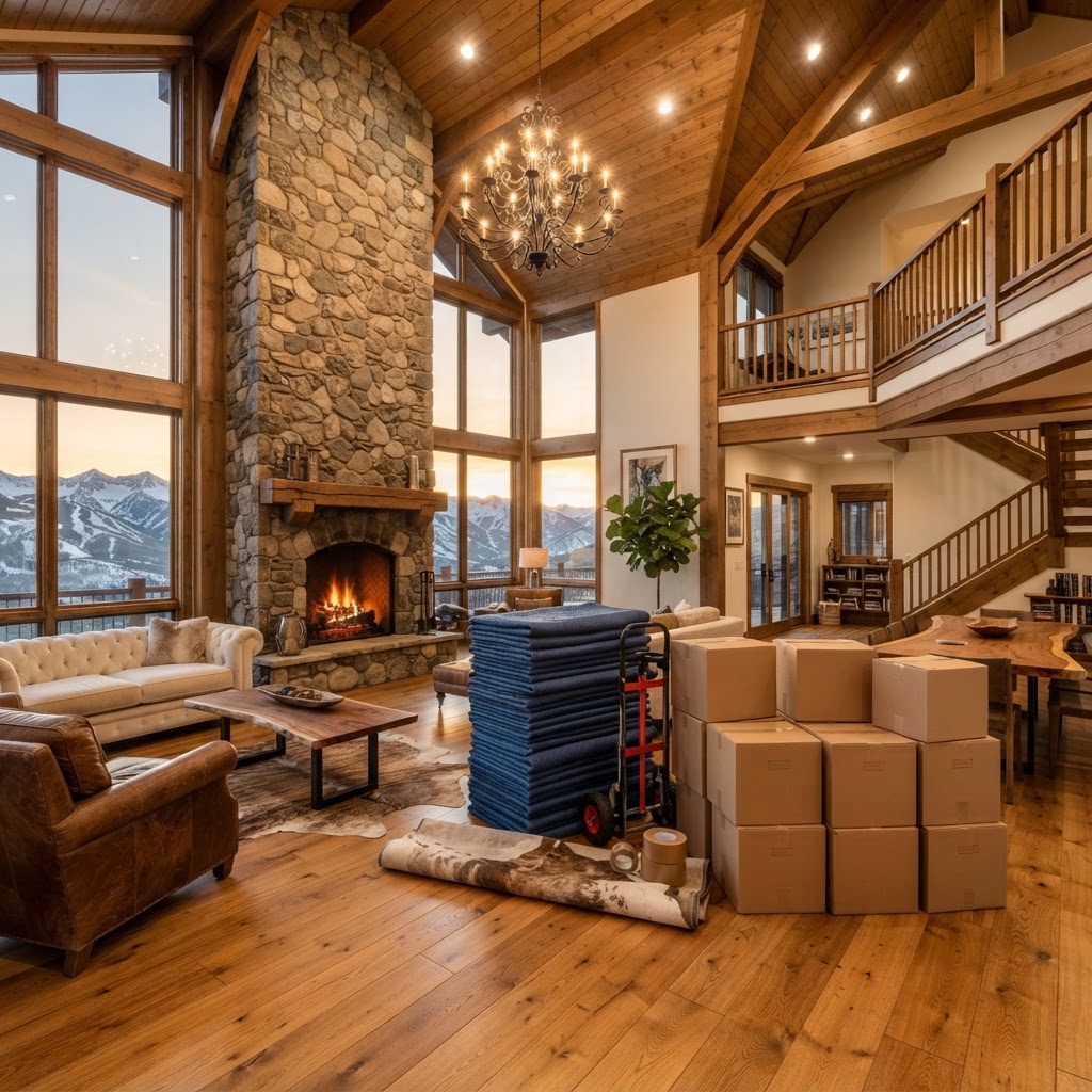 Luxury Colorado home with wrapped furniture and moving supplies during a white-glove move