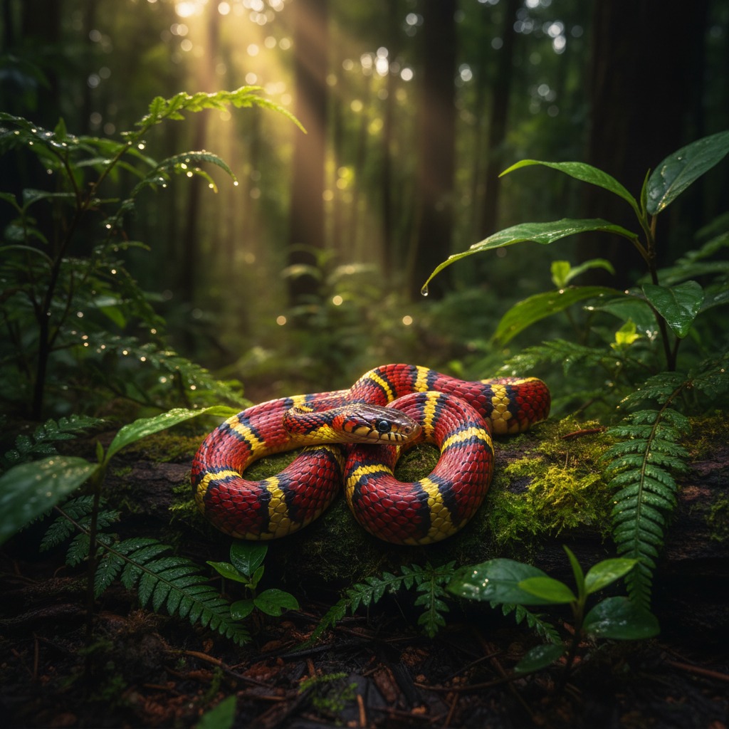 Exotic reptiles and tropical plants in dramatic terrarium lighting