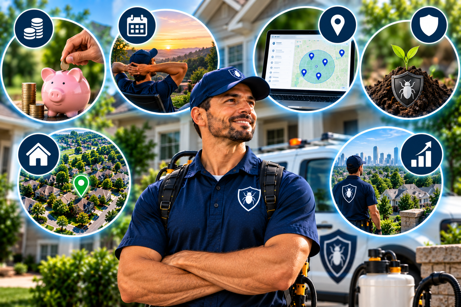 BugProspects benefits — technician with floating circles showing savings, flexible schedule, map targeting, eco focus, local service area, and growth